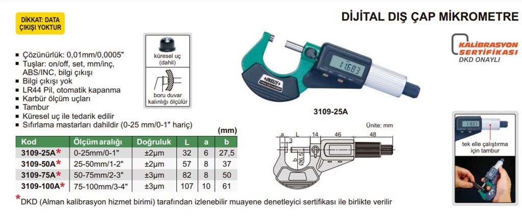 3109 Dijital Dış Çap Mikrometre (Standart Model) 50-75 mm-1