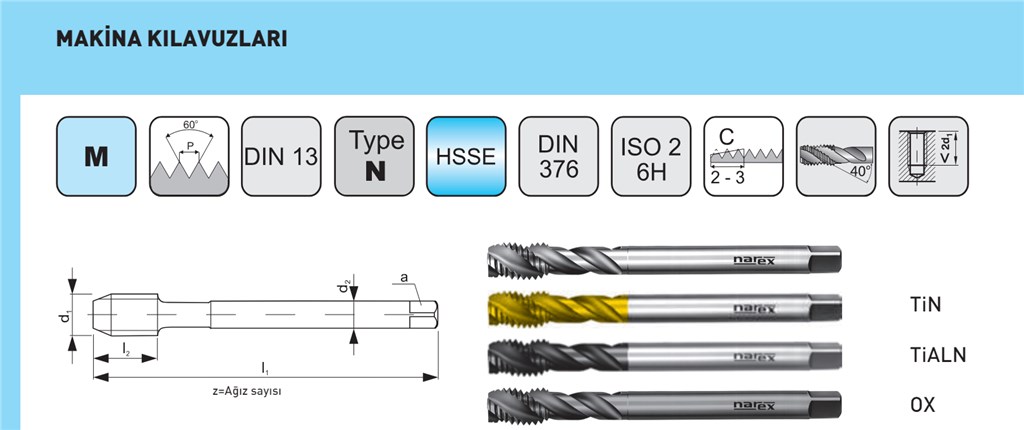 NAREX  DIN 376C HSSE 40° HELİS KILAVUZ M27